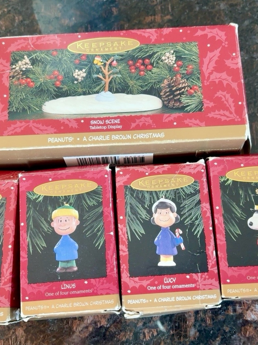 1995 Hallmark Peanuts Charlie Brown Christmas snow scene complete set. Nostalgic